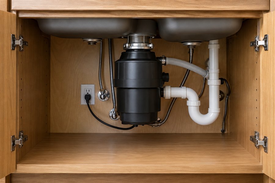 Illustration of a garbage disposal under a sink