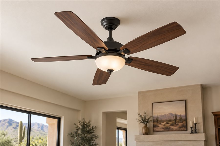 Illustration of a ceiling fan in a bright living room