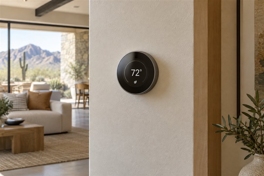Illustration of a smart thermostat on a living room wall